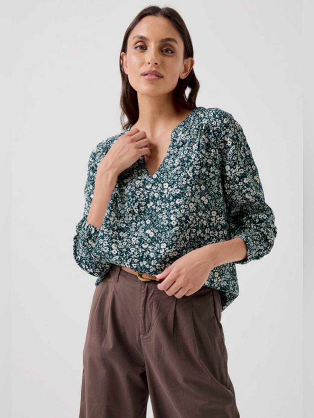 Pact Dark Teal Floral Long-Sleeve Blouse